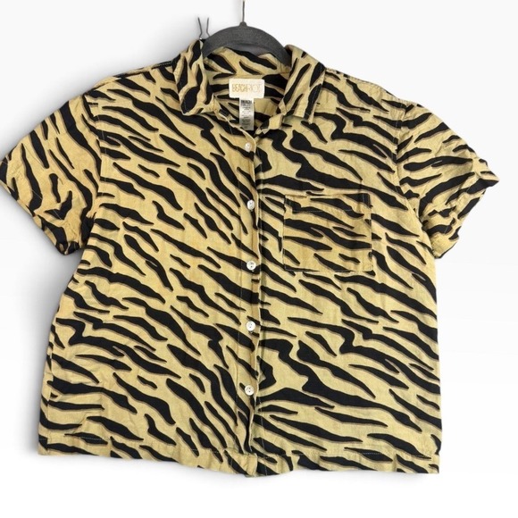Beach Riot Tops - Beach Riot Zebra Print Linen Blend Short Sleeve Button Down Shirt Tan Black S